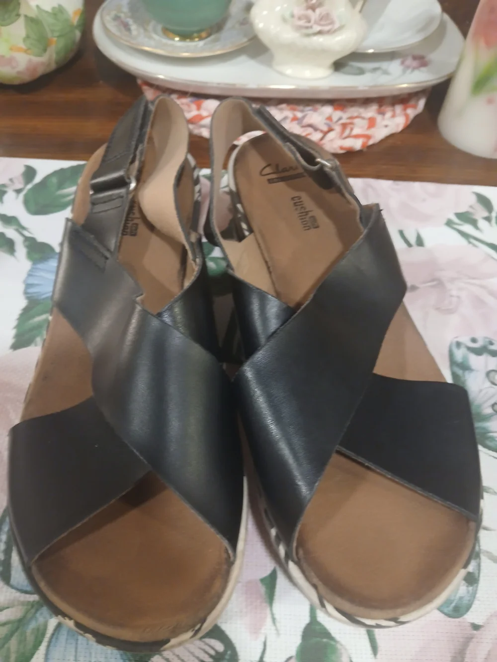 Clarks Black Crisscross Wedge Sandals with Patterned Sole